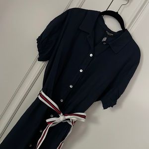 Linen midi dress, Magaribrand, button front, navy, size L